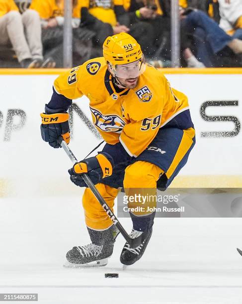 Roman Josi of the Nashville Predators skates against the Detroit Red Wings during an NHL game at Bridgestone Arena on March 23, 2024 in Nashville,...