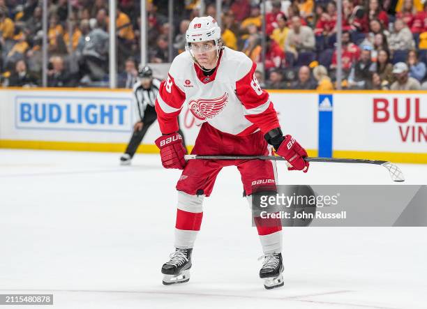 Patrick Kane of the Detroit Red Wings skates against the Nashville Predators during an NHL game at Bridgestone Arena on March 23, 2024 in Nashville,...