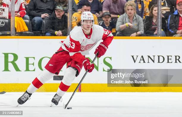 Moritz Seider of the Detroit Red Wings skates against the Nashville Predators during an NHL game at Bridgestone Arena on March 23, 2024 in Nashville,...