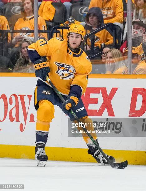 Mark Jankowski of the Nashville Predators skates against the Detroit Red Wings during an NHL game at Bridgestone Arena on March 23, 2024 in...