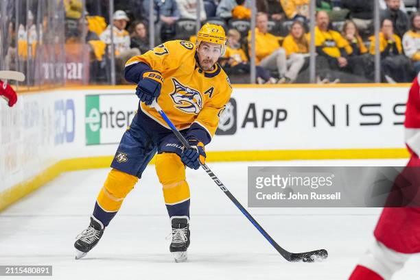 Ryan McDonagh of the Nashville Predators skates against the Detroit Red Wings during an NHL game at Bridgestone Arena on March 23, 2024 in Nashville,...