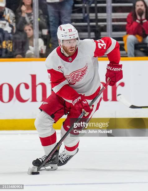 Compher of the Detroit Red Wings skates against the Nashville Predators during an NHL game at Bridgestone Arena on March 23, 2024 in Nashville,...