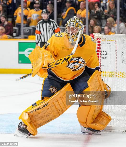 Juuse Saros of the Nashville Predators tends net against the Detroit Red Wings during an NHL game at Bridgestone Arena on March 23, 2024 in...