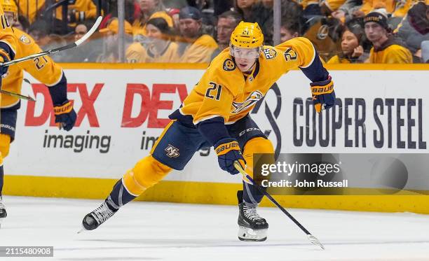 Anthony Beauvillier of the Nashville Predators skates against the Detroit Red Wings during an NHL game at Bridgestone Arena on March 23, 2024 in...