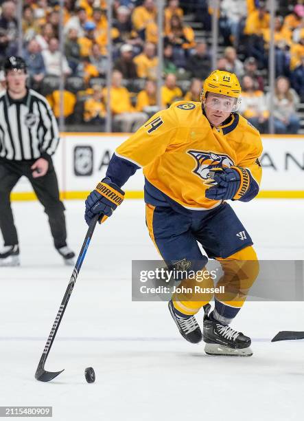 Gustav Nyquist of the Nashville Predators skates against the Detroit Red Wings during an NHL game at Bridgestone Arena on March 23, 2024 in...