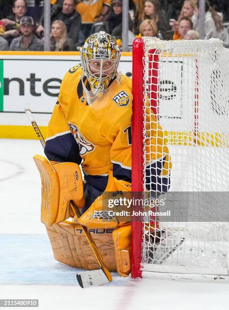 Juuse Saros of the Nashville Predators tends net against the Detroit Red Wings during an NHL game at Bridgestone Arena on March 23, 2024 in...