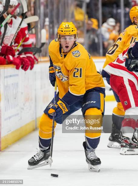 Anthony Beauvillier of the Nashville Predators skates against the Detroit Red Wings during an NHL game at Bridgestone Arena on March 23, 2024 in...