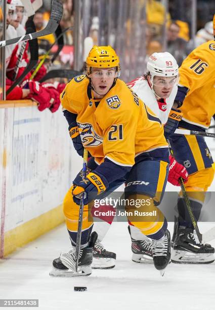 Anthony Beauvillier of the Nashville Predators skates against the Detroit Red Wings during an NHL game at Bridgestone Arena on March 23, 2024 in...