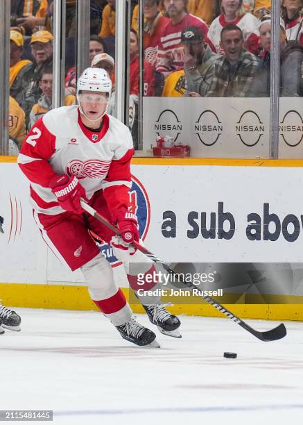 Olli Maatta of the Detroit Red Wings skates against the Nashville Predators during an NHL game at Bridgestone Arena on March 23, 2024 in Nashville,...