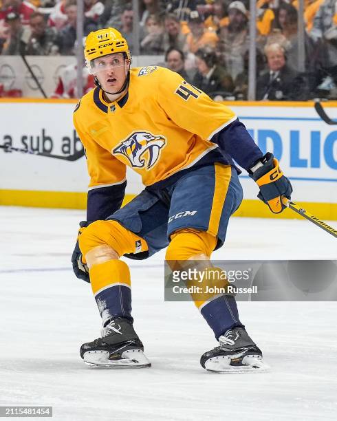 Michael McCarron of the Nashville Predators skates against the Detroit Red Wings during an NHL game at Bridgestone Arena on March 23, 2024 in...