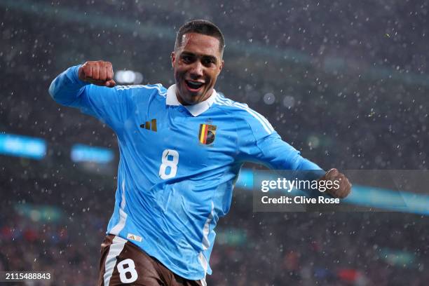 Youri Tielemans of Belgium celebrates scoring his team's second goal during the international friendly match between England and Belgium at Wembley...