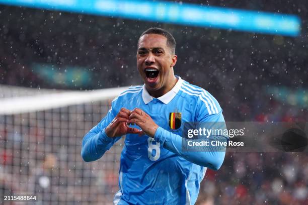 Youri Tielemans of Belgium celebrates scoring his team's second goal during the international friendly match between England and Belgium at Wembley...