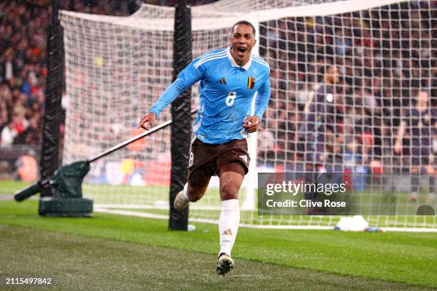 Youri Tielemans of Belgium celebrates scoring his team's second goal during the international friendly match between England and Belgium at Wembley...