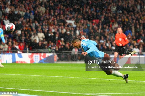 Youri Tielemans of Belgium scores his side's second goal during the international friendly match between England and Belgium at Wembley Stadium on...