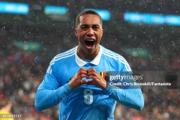 Youri Tielemans of Belgium celebrates scoring his side's second goal during the international friendly match between England and Belgium at Wembley...