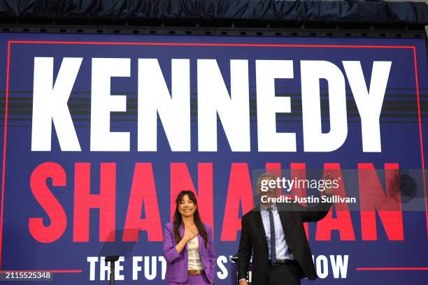 Independent presidential candidate Robert F. Kennedy Jr. And his vice presidential pick Nicole Shanahan take the stage during a campaign event to...