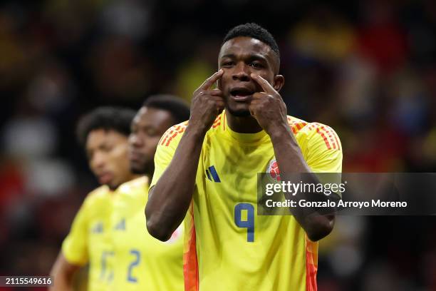 Jhon Cordoba of Colombia reacts during the international friendly match between Romania and Colombia at Civitas Metropolitan Stadium on March 26,...