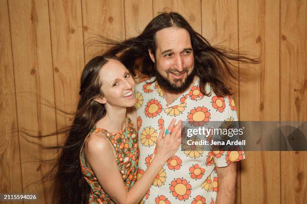 playful couple with long hair, retro 1970s hippies, happy relationship - crazy girlfriend stock pictures, royalty-free photos & images