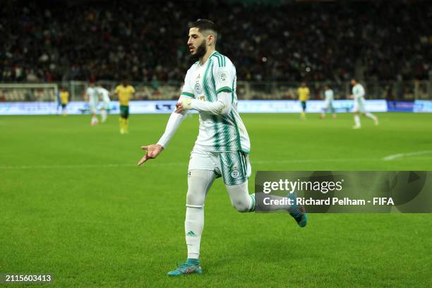 Yassine Benzia of Algeria celebrates scoring his team's first goal during the FIFA Series 2024 Algeria match between Algeria and South Africa at...