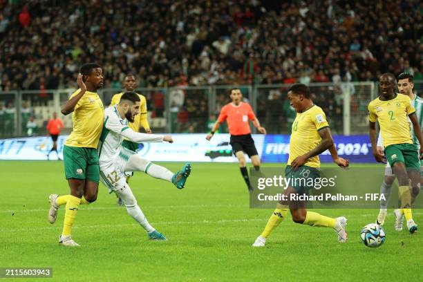 Yassine Benzia of Algeria scores his team's first goal during the FIFA Series 2024 Algeria match between Algeria and South Africa at Nelson Mandela...