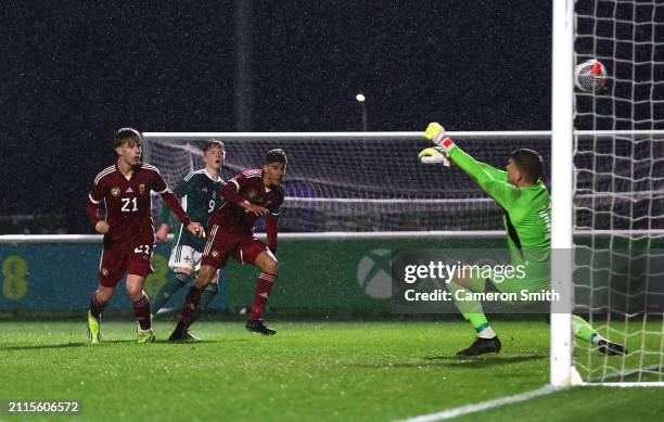 Braiden Graham of Northern Ireland scores their team's third goal during the Under-17 EURO Elite Round match between Hungary and Northern Ireland at...