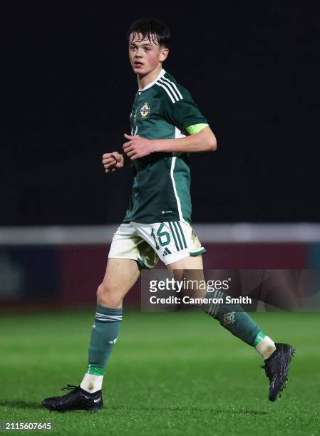 Dylan Stitt of Northern Ireland in action during the Under-17 EURO Elite Round match between Hungary and Northern Ireland at St George's Park on...