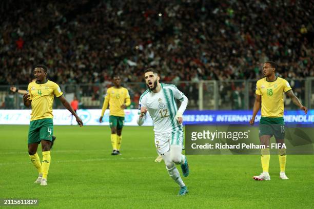 Yassine Benzia of Algeria celebrates scoring his team's first goal during the FIFA Series 2024 Algeria match between Algeria and South Africa at...