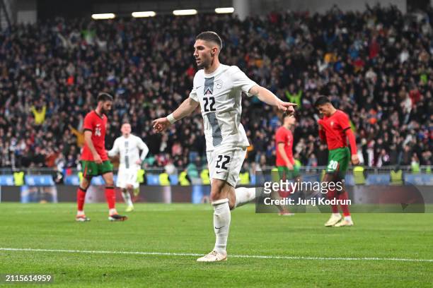Adam Gnezda Cerin of Slovenia celebrates scoring his team's first goal during the international friendly match between Slovenia and Portugal at...