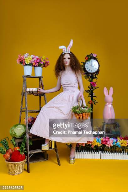 beautiful girl wearing pink dress - giant rabbit stock pictures, royalty-free photos & images