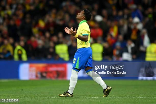 Endrick of Brazil reacts after being substituted on during the friendly match between Spain and Brazil at Estadio Santiago Bernabeu on March 26, 2024...