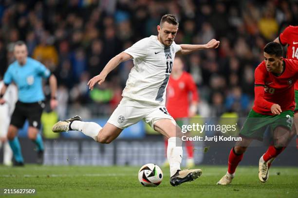 Timi Max Elsnik of Slovenia scores his team's second goal during the international friendly match between Slovenia and Portugal at Stozice Stadium on...