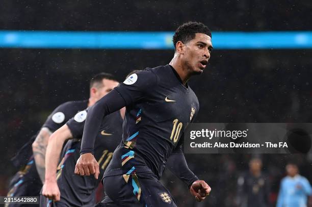 Jude Bellingham of England celebrates scoring his team's second goal during the international friendly match between England and Belgium at Wembley...