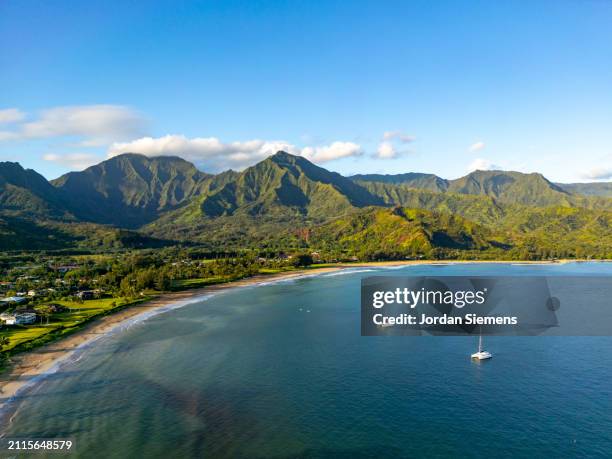 aerial view of hanalei bay in kauai - hanalei bay beach stock pictures, royalty-free photos & images
