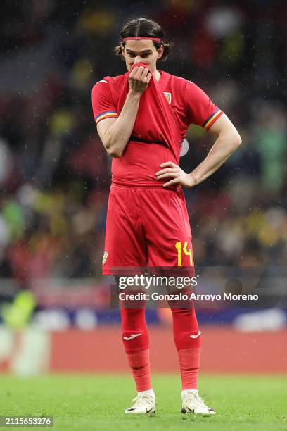 Ianis Hagi of Romania reacts during the international friendly match between Romania and Colombia at Civitas Metropolitan Stadium on March 26, 2024...