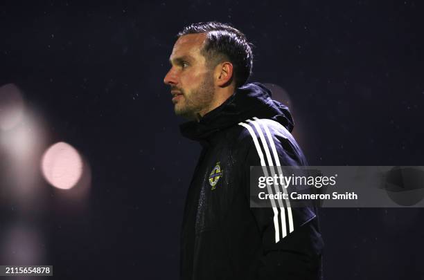 Michael Andrew Waterworth, Manger of Northern Ireland looks on during the Under-17 EURO Elite Round match between Hungary and Northern Ireland at St...