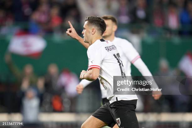 Christoph Baumgartner of Austria celebrates scoring his team's fifth goal during the international friendly match between Austria and Turkiye at...