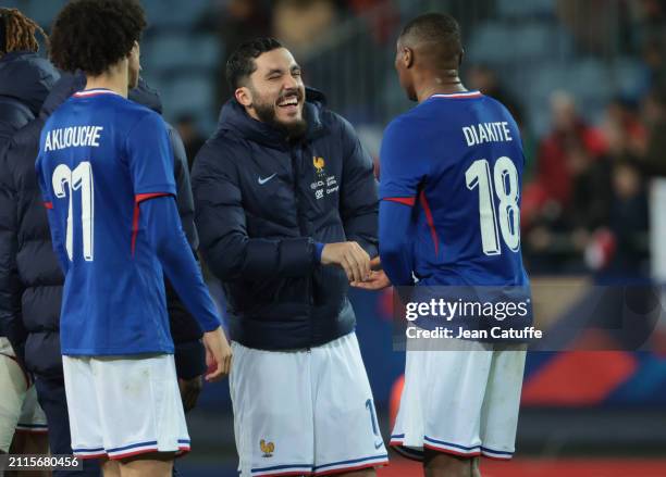 Rayan Cherki of France laughs following the U23 international friendly match between France U23 and USA U23 at Stade Auguste Bonal on March 25, 2024...