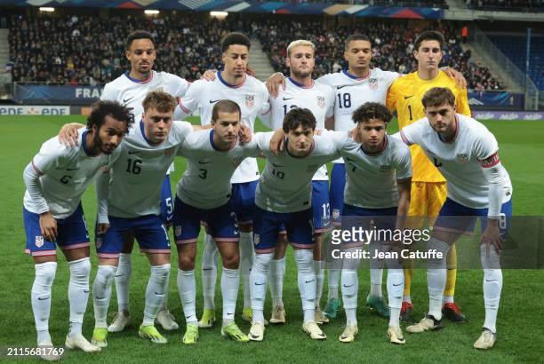 Team USA poses before the U23 international friendly match between France U23 and USA U23 at Stade Auguste Bonal on March 25, 2024 in Sochaux...