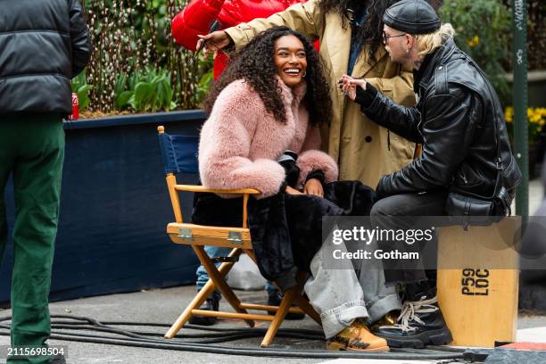 Cheyenne Maya Carty is seen during a photo shoot for Maybelline in SoHo on March 26, 2024 in New York City.