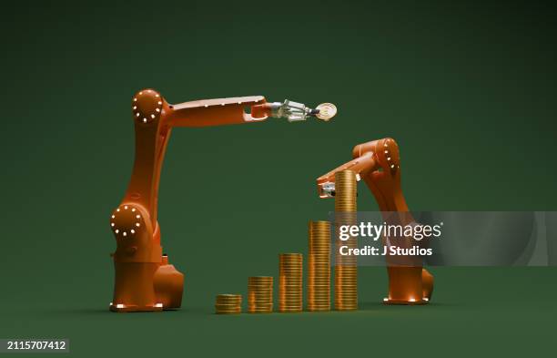 robots making an exponential coin graph - gripping stock pictures, royalty-free photos & images