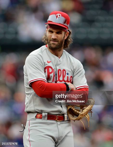 Bryce Harper of the Philadelphia Phillies in action against the New York Mets at Citi Field on September 30, 2023 in New York City. The Mets defeated...