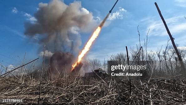 Russian Army launch Uragan MLRS missile attacks towards Ukrainian positions in Donetsk