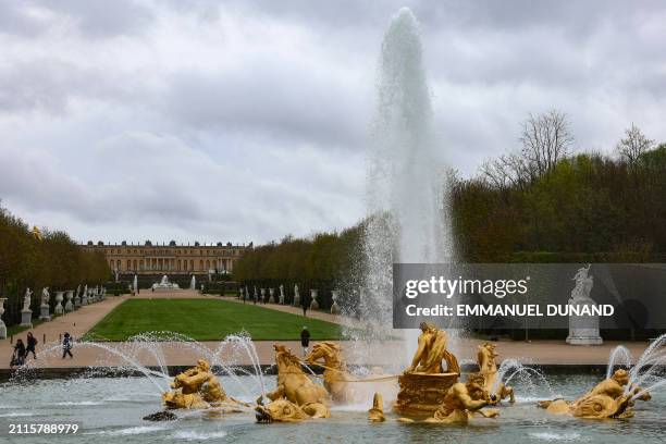 This photograph taken on March 29 shows the newly-renovated "Bassin d'Apollon" fountain , during a media tour of the Paris 2024 Olympic and...