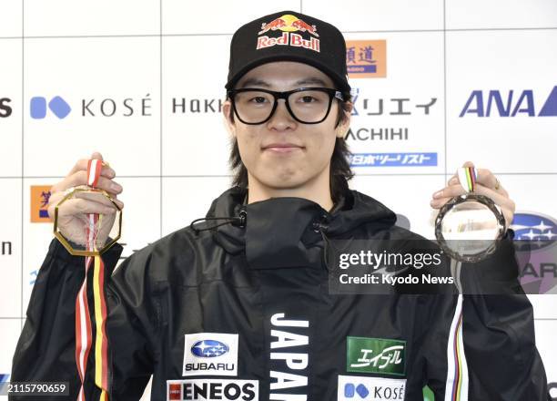 Beijing Winter Olympic ski jumping gold medalist Ryoyu Kobayashi of Japan holds a press conference in Tokyo on March 29 to reflect on the just ended...