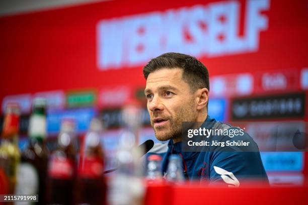 Headcoach Xabi Alonso of Leverkusen during a press conference on March 29, 2024 in Leverkusen, Germany.