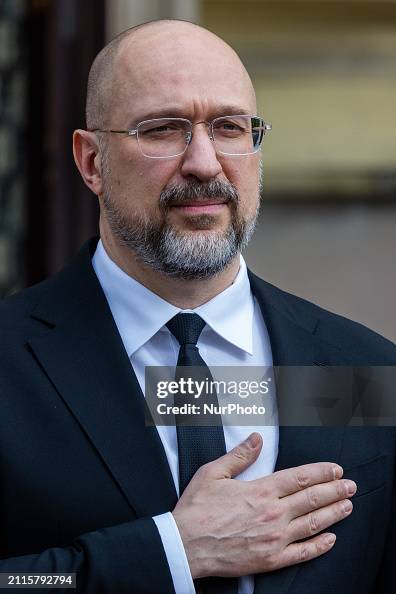 Shmyhal Ukrainian Prime Minister Denys Shmyhal is standing during the... News ...