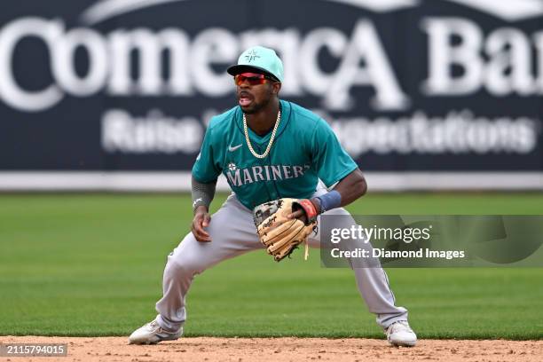 Ryan Bliss of the Seattle Mariners in the field during the seventh inning of a spring training game against the Oakland Athletics at Hohokam Stadium...