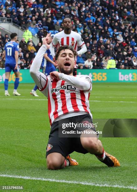 Adil Aouchiche of Sunderland celebrates scoring the opening goal during the Sky Bet Championship match between Cardiff City and Sunderland at Cardiff...