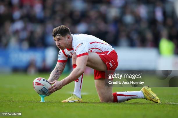 Mark Percival of St.Helens lines up a penalty kick which he converts kicks during the Betfred Super League match between St Helens and Wigan Warriors...