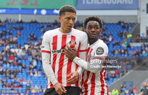 Jobe Bellingham of Sunderland celebrates scoring the second goal during the Sky Bet Championship match between Cardiff City and Sunderland at Cardiff...